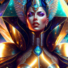 Cosmic-inspired makeup and golden armor on woman against starry backdrop