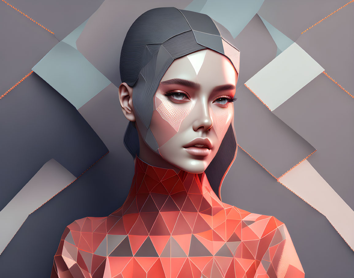 Geometric digital art: Female figure with metallic head on abstract background