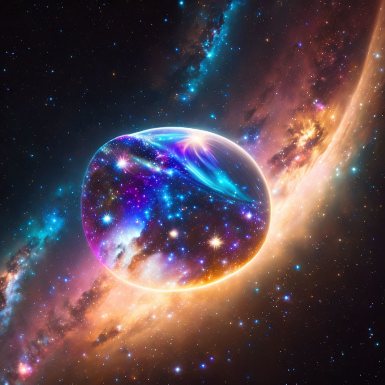 Colorful cosmic bubble against starry nebula backdrop with galactic arms and star clusters