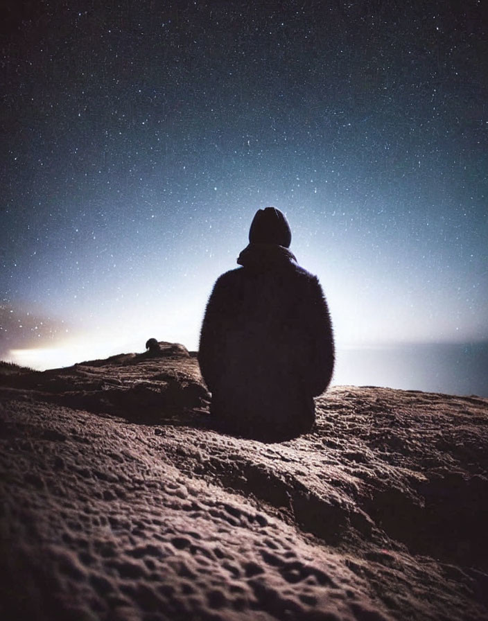 Silhouetted figure gazes at starry sky from rocky outcrop