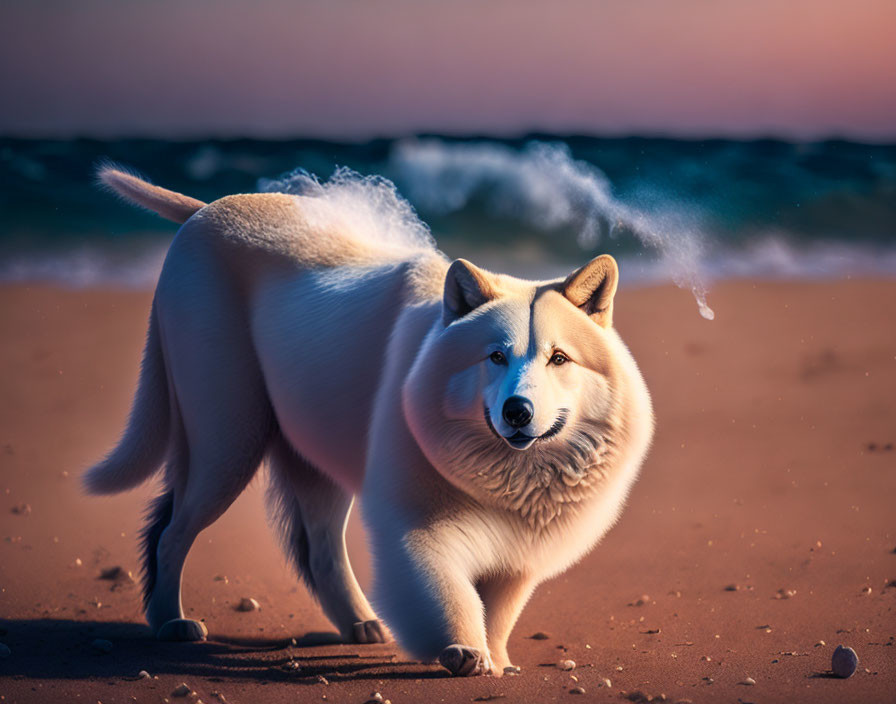 Thick-coated husky exhales warm air on chilly beach at twilight