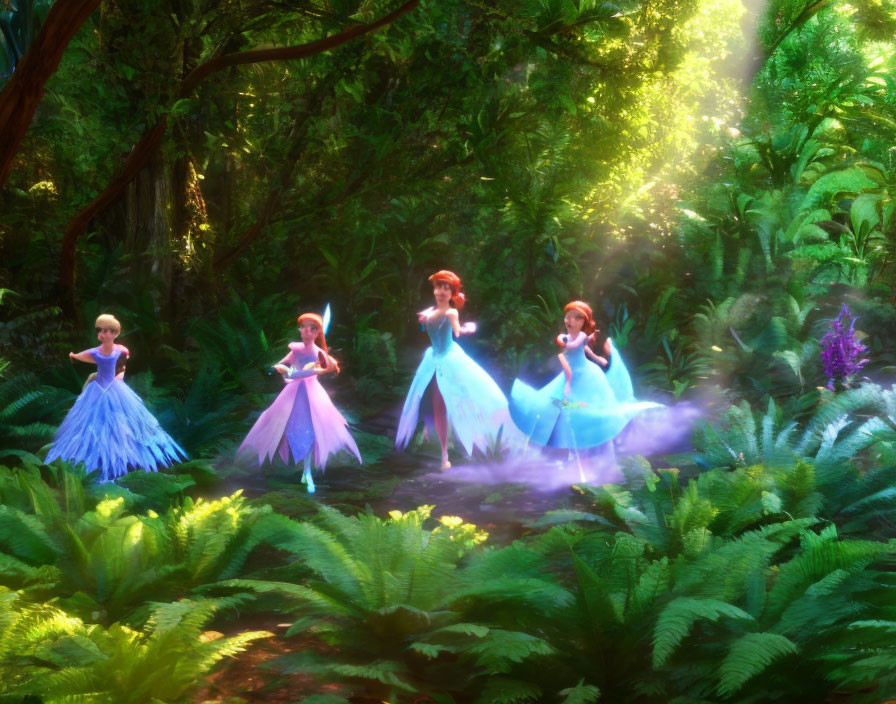 Three Elegant Fairies in Mystical Forest Clearing