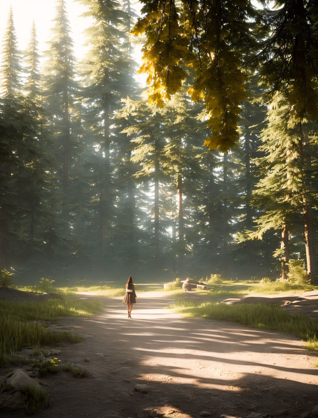 Person Walking Down Sunlit Forest Path
