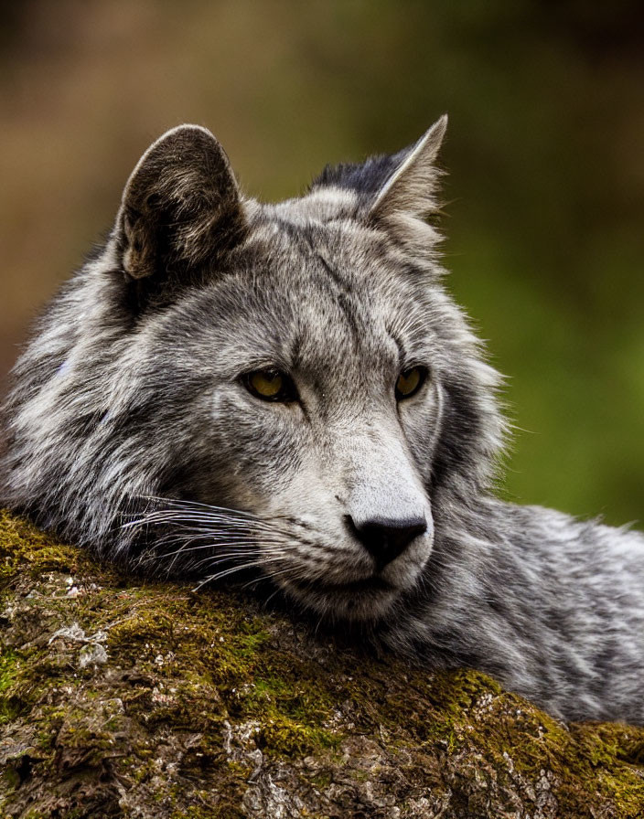 Majestic grey lynx with piercing yellow eyes resting on moss-covered rock