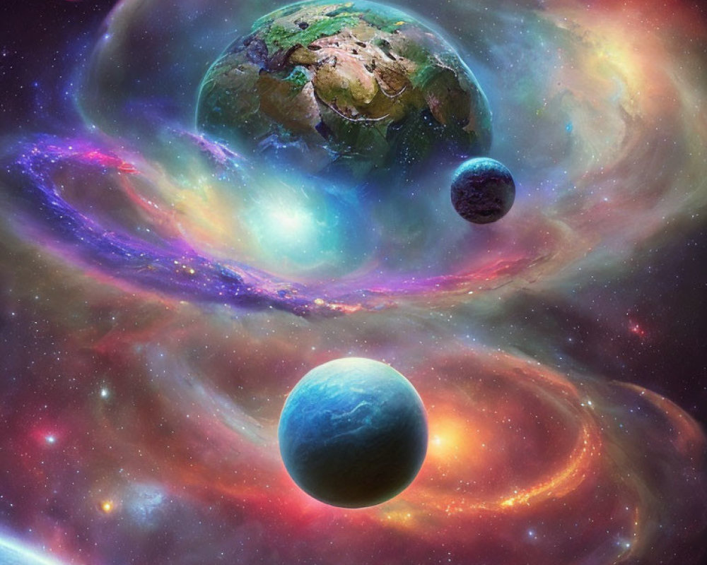 Colorful cosmic scene with swirling nebulas and planets