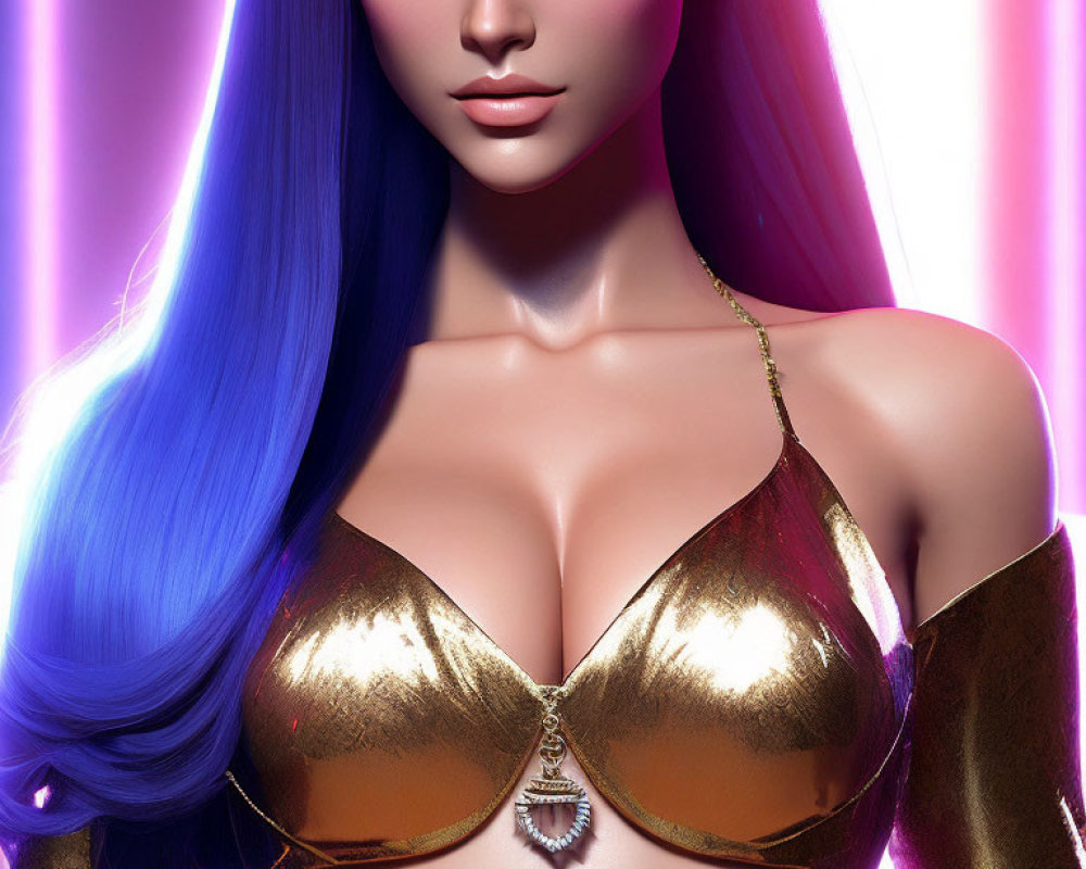 Female character digital artwork: vibrant blue hair, green eyes, gold bikini top.