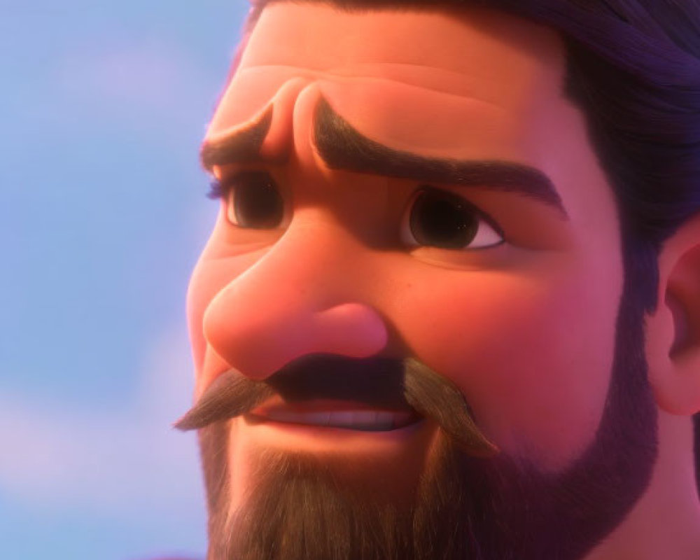 Animated character with thick mustache wearing crown in close-up with soft-focused female character in background
