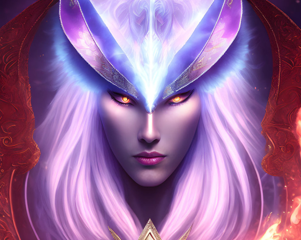 Mystical female character with red eyes, purple hair, and regal crown in ethereal setting