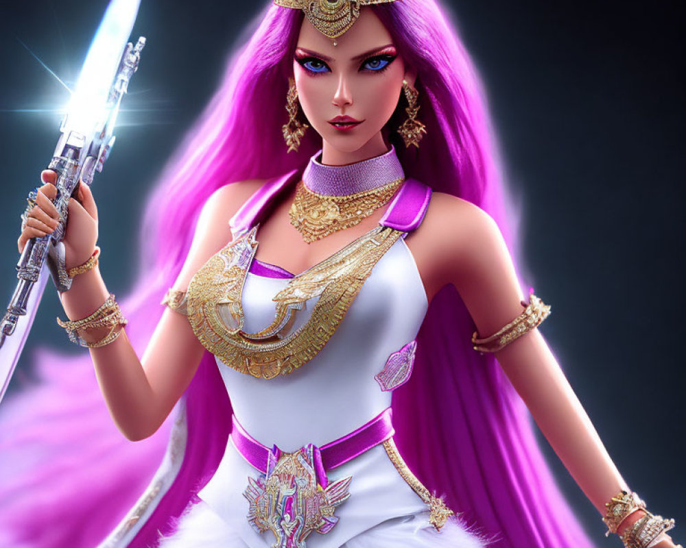 3D Rendered Image of Female Warrior with Purple Hair and Blue Sword