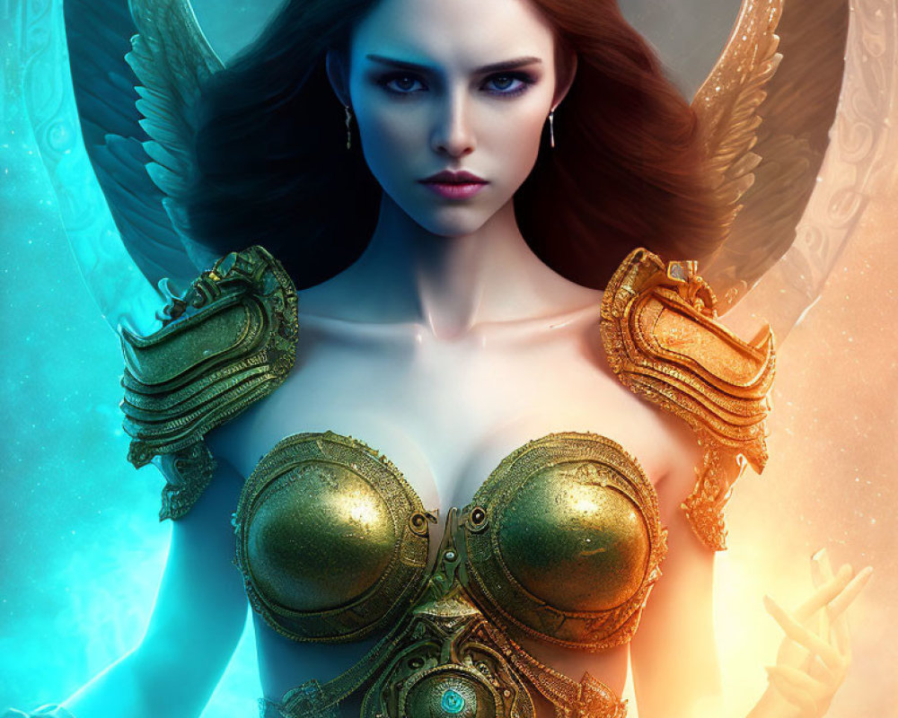 Digital artwork of woman with angelic wings and golden armor on mystical blue backdrop