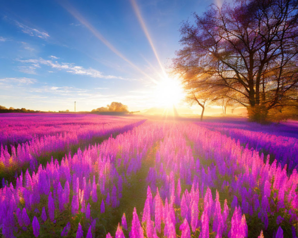 Sunlit purple flower field under blue sky & sunbeams.