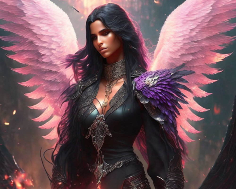 Dark-haired female figure with pink wings and purple feather in ornate clothing
