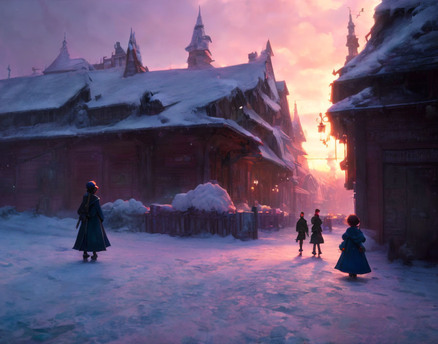 Winter village scene: snow, lanterns, person in blue coat, children playing