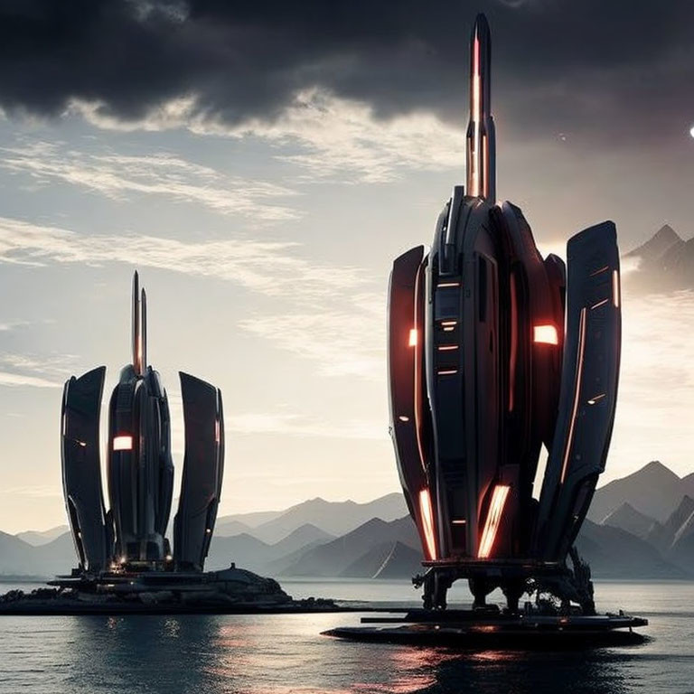 Futuristic skyscrapers with red lights on coastal landscape at dusk