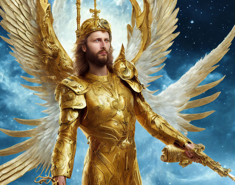 Regal figure in golden armor with crown and wings on starry background