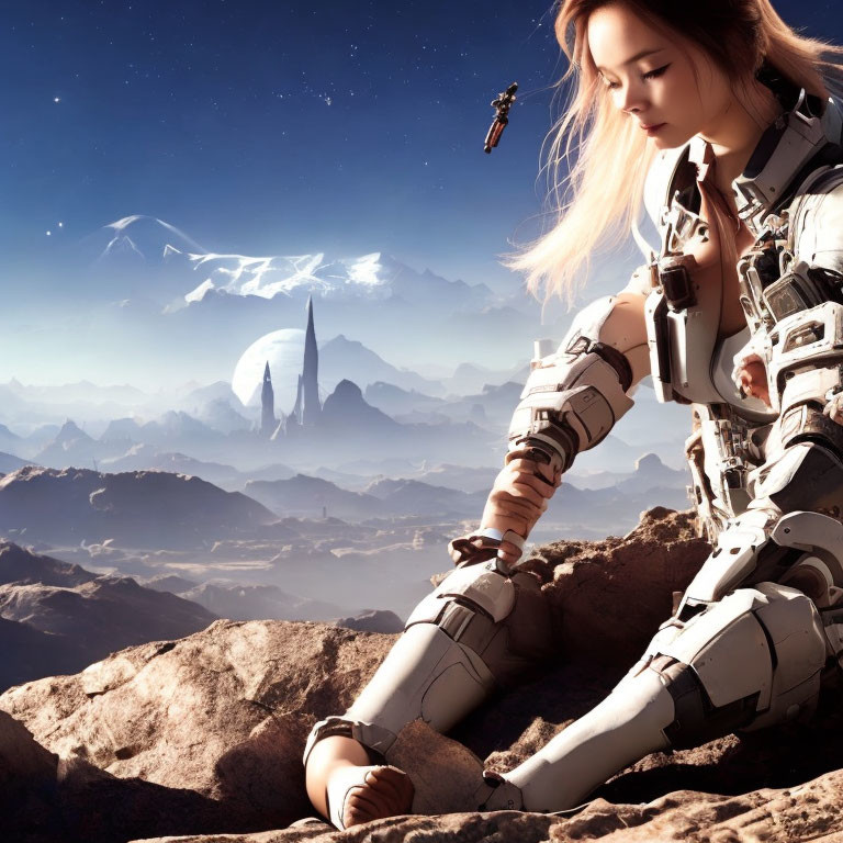 Female cyborg in white armor on rocky terrain with futuristic scenery.
