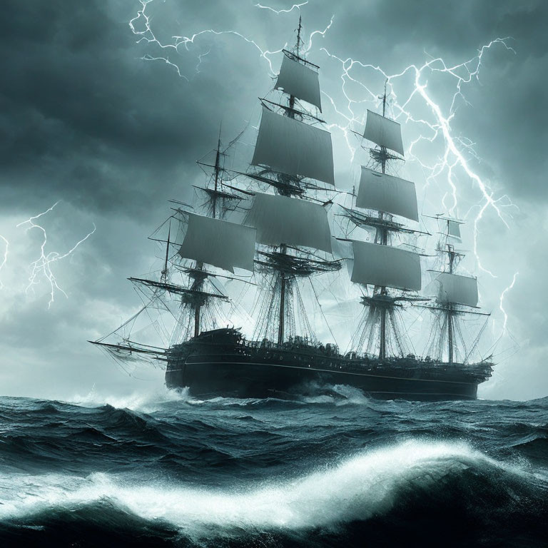 Tall ship with full sails in stormy sea under lightning-filled sky