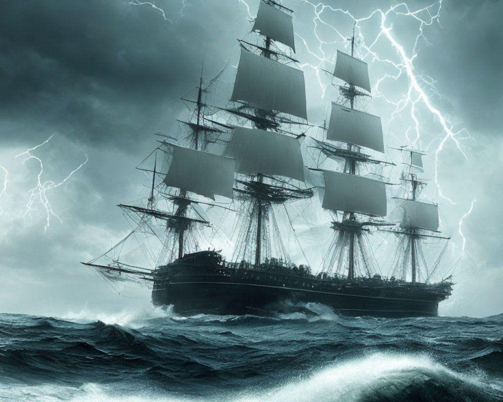 Tall ship with full sails in stormy sea under lightning-filled sky