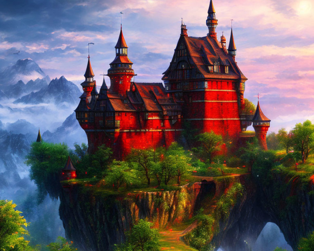 Red castle with spires on cliff, mountains, twilight sky, two moons