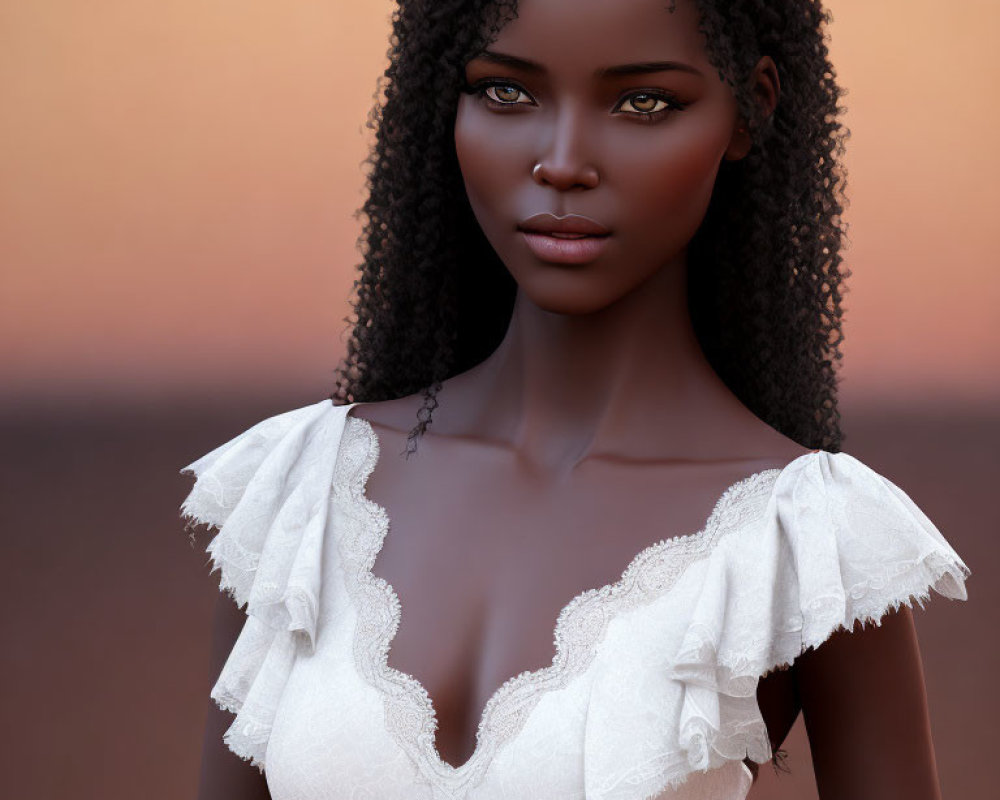 Digital Artwork: Woman with Dark Skin and Curly Hair in White Dress