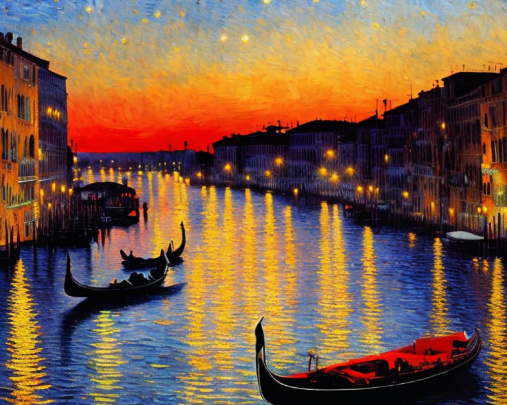 Impressionistic sunset painting of a Venetian canal with gondolas and reflections