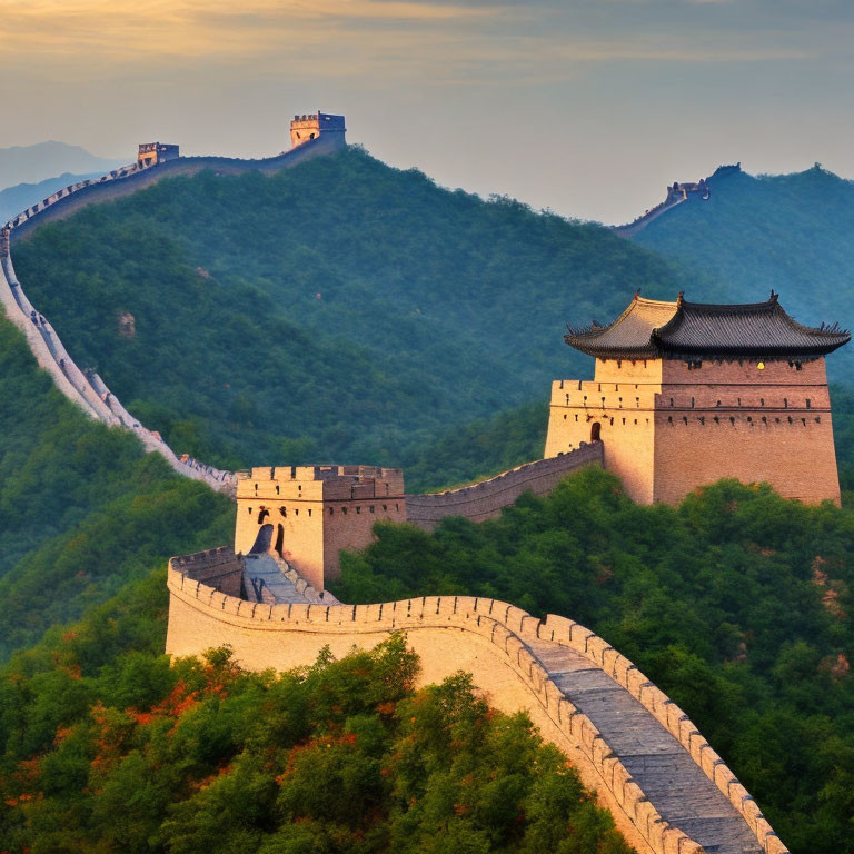 Ancient Great Wall of China at Sunset