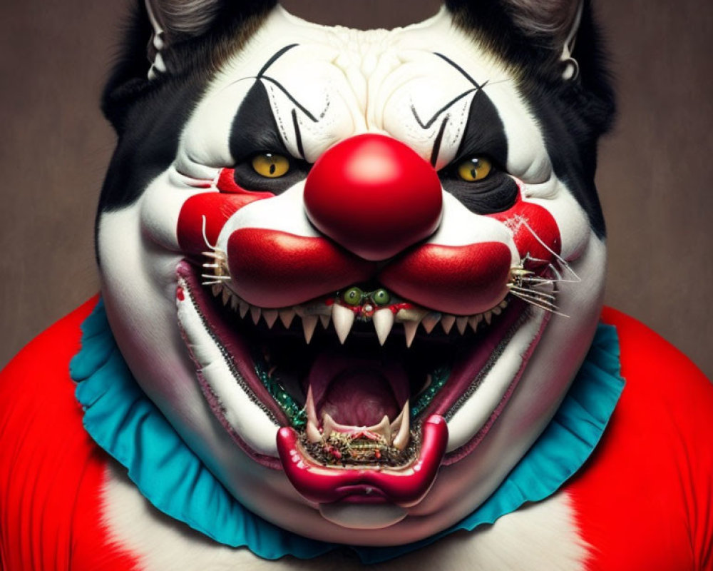 Digital art of dog with clown makeup and sharp teeth