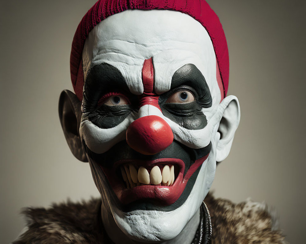 Sinister clown makeup with red nose and jagged smile