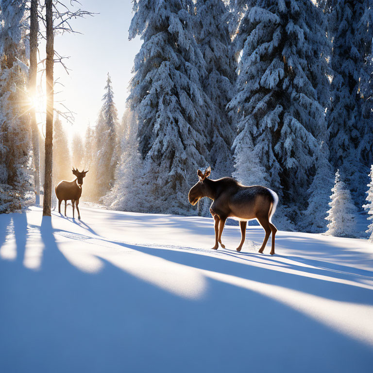 Snowy forest scene with sunlight casting moose shadows