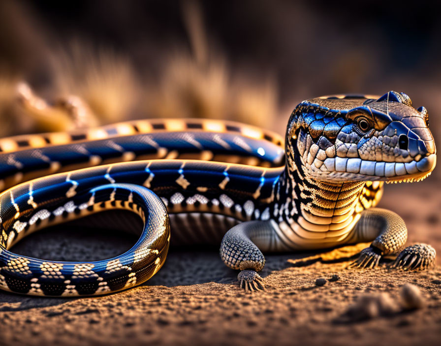 Striped blue and yellow snake on sandy ground with glistening scales
