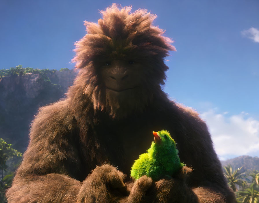 Animated Bigfoot creature holding a green bird in sunny forest
