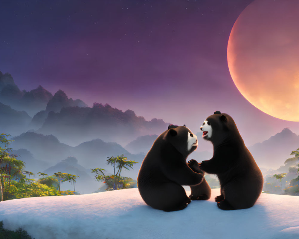 Animated pandas touching noses on snowy hill under purple starry sky