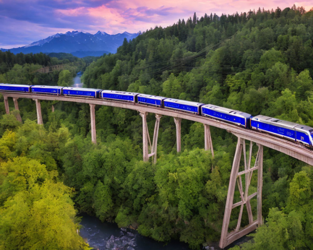Blue train on tall bridge surrounded by lush greenery and mountains at twilight