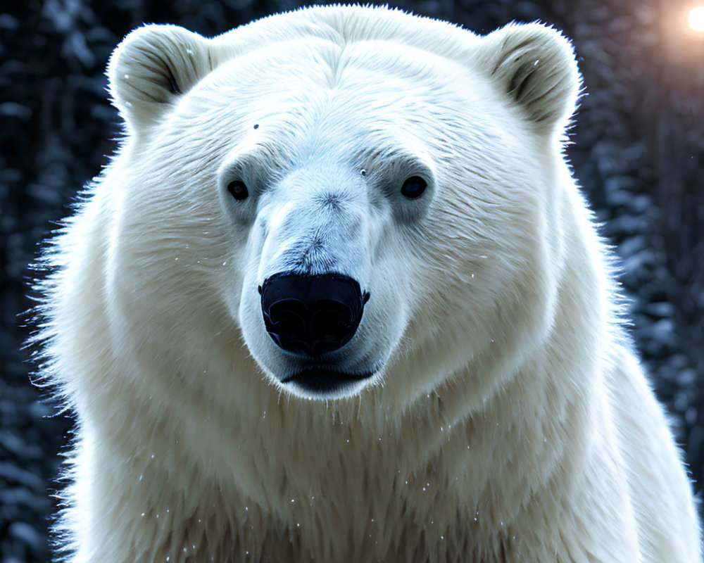 Close-up of polar bear face in snowy background with faint sunlight.