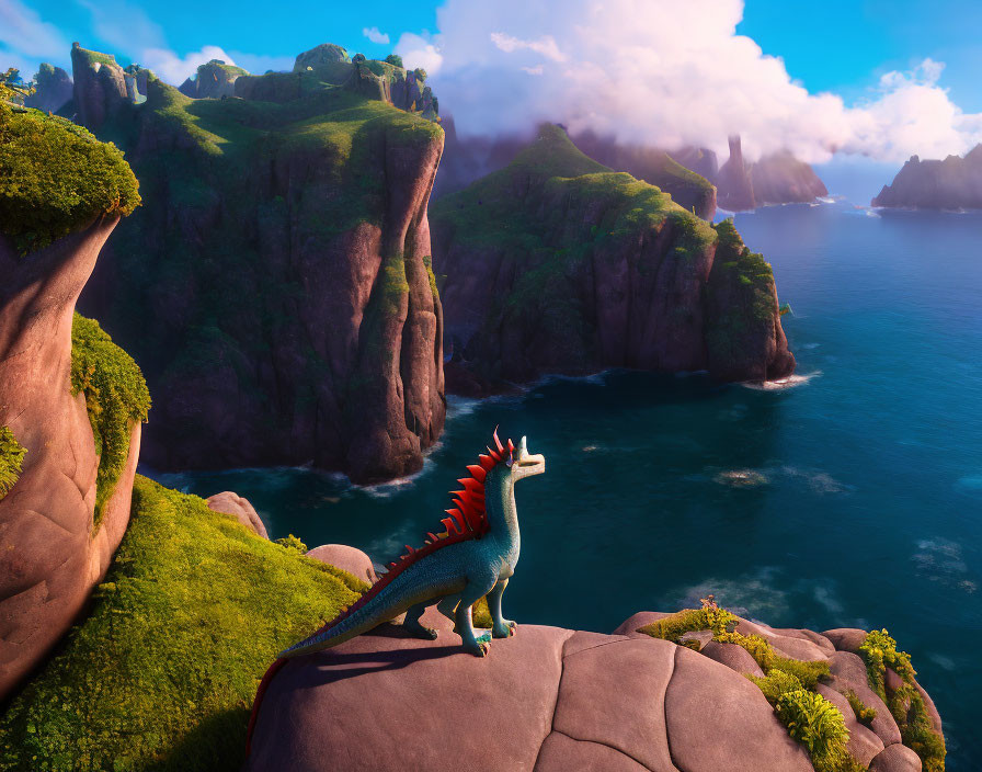 Colorful Animated Dinosaur Landscape with Ocean Views