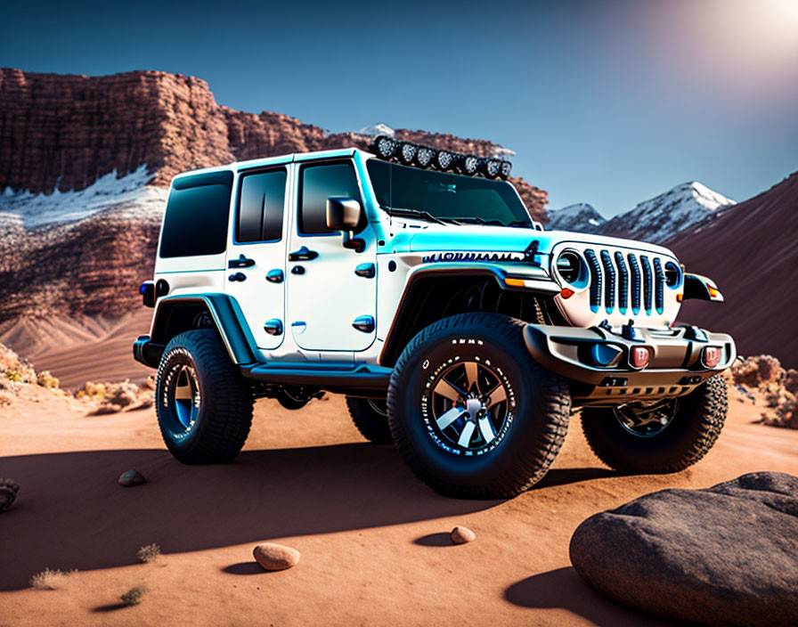 White Jeep Wrangler on Sandy Terrain with Red Cliffs Background