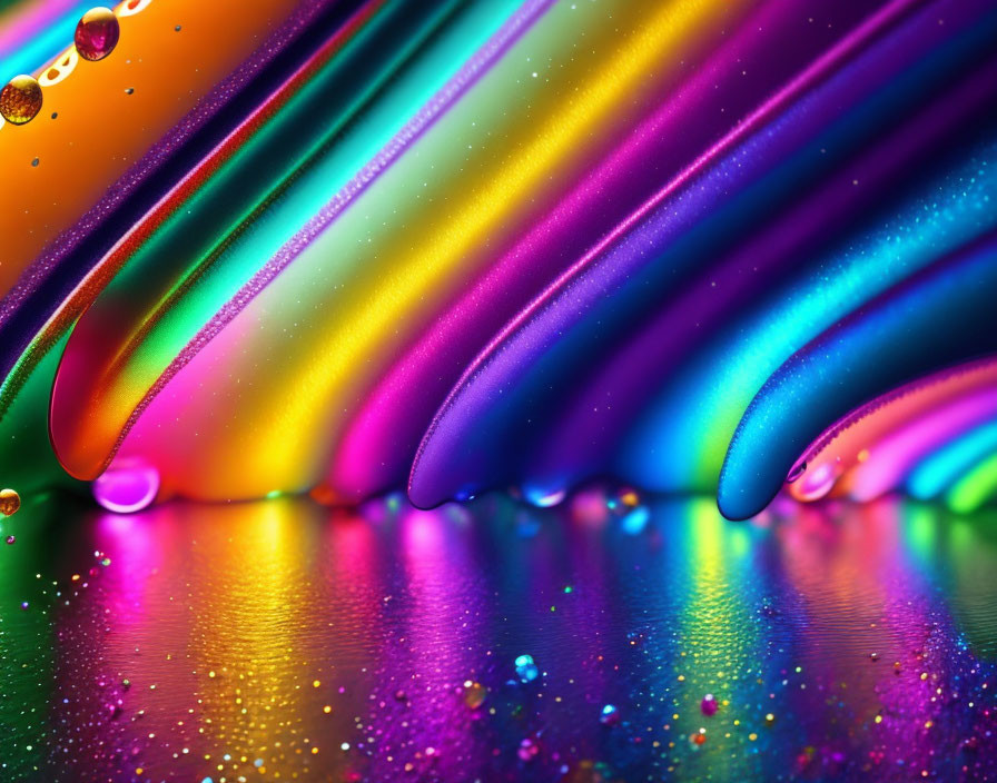 Colorful Liquid Swirls with Glossy Surface and Reflective Droplets