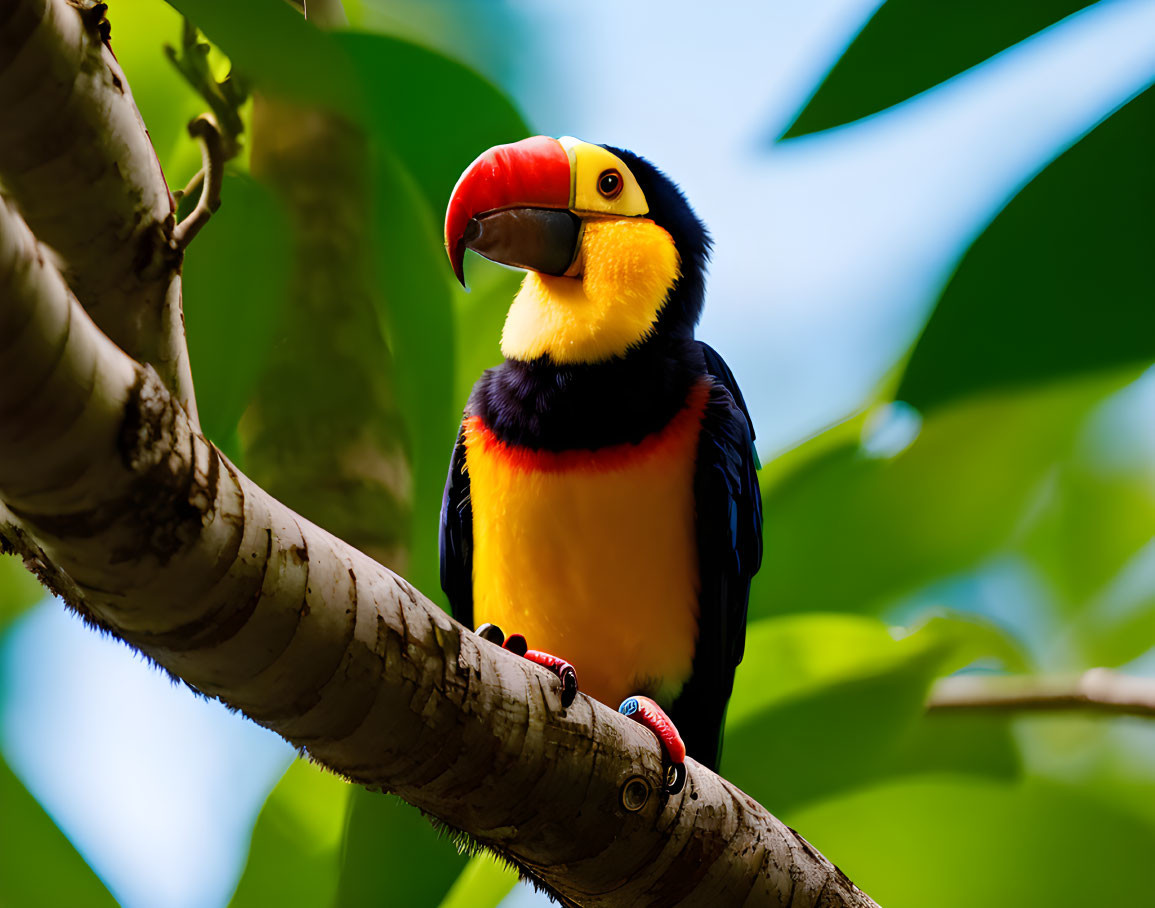 Vibrant toucan with yellow and orange beak on tree branch