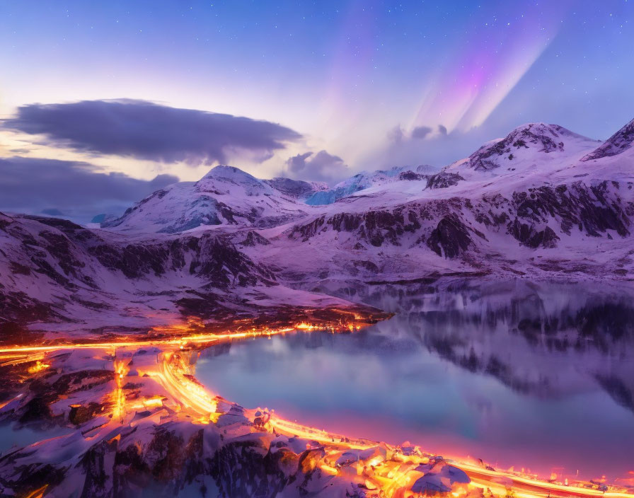 Northern Lights illuminate snow-covered mountain landscape with lit roadway by calm lake