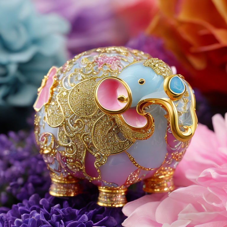 Elephant-shaped trinket with gold detailing and enamel on floral background