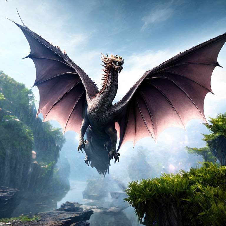 Majestic dragon flying over verdant landscape with sunlight on scales