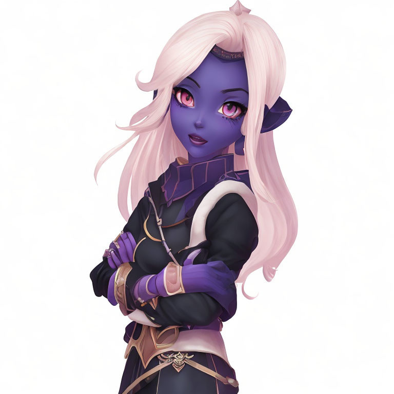 Purple-skinned female character with striking eyes and white hair in black and purple outfit.