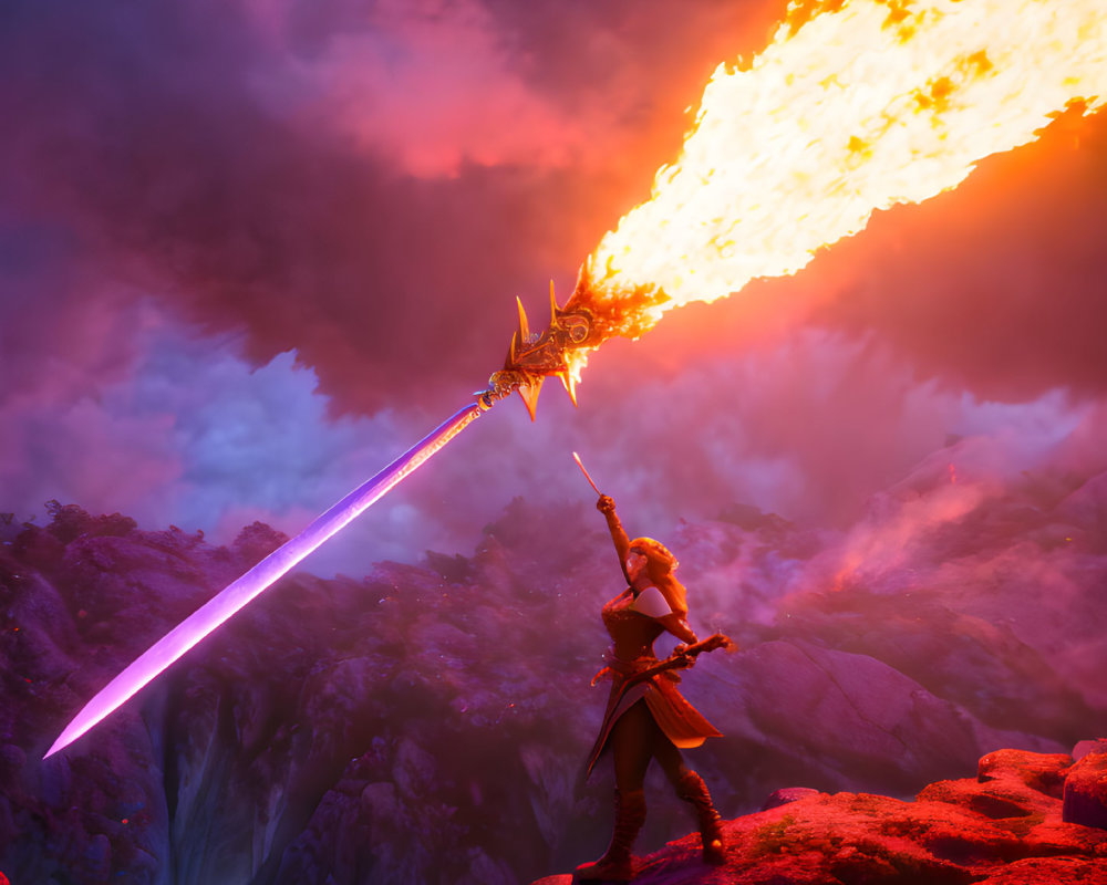 Warrior woman with fiery sword on rocky terrain under red sky