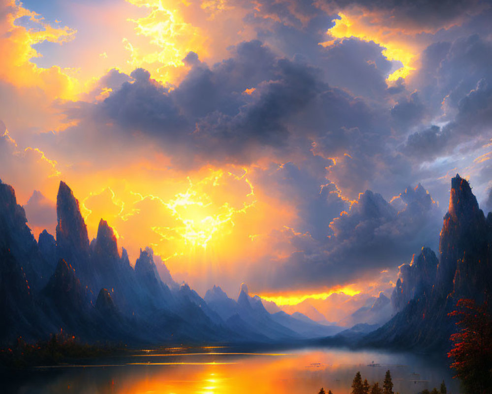 Colorful sunset over serene lake with mountain silhouettes and fiery sky reflected in water.