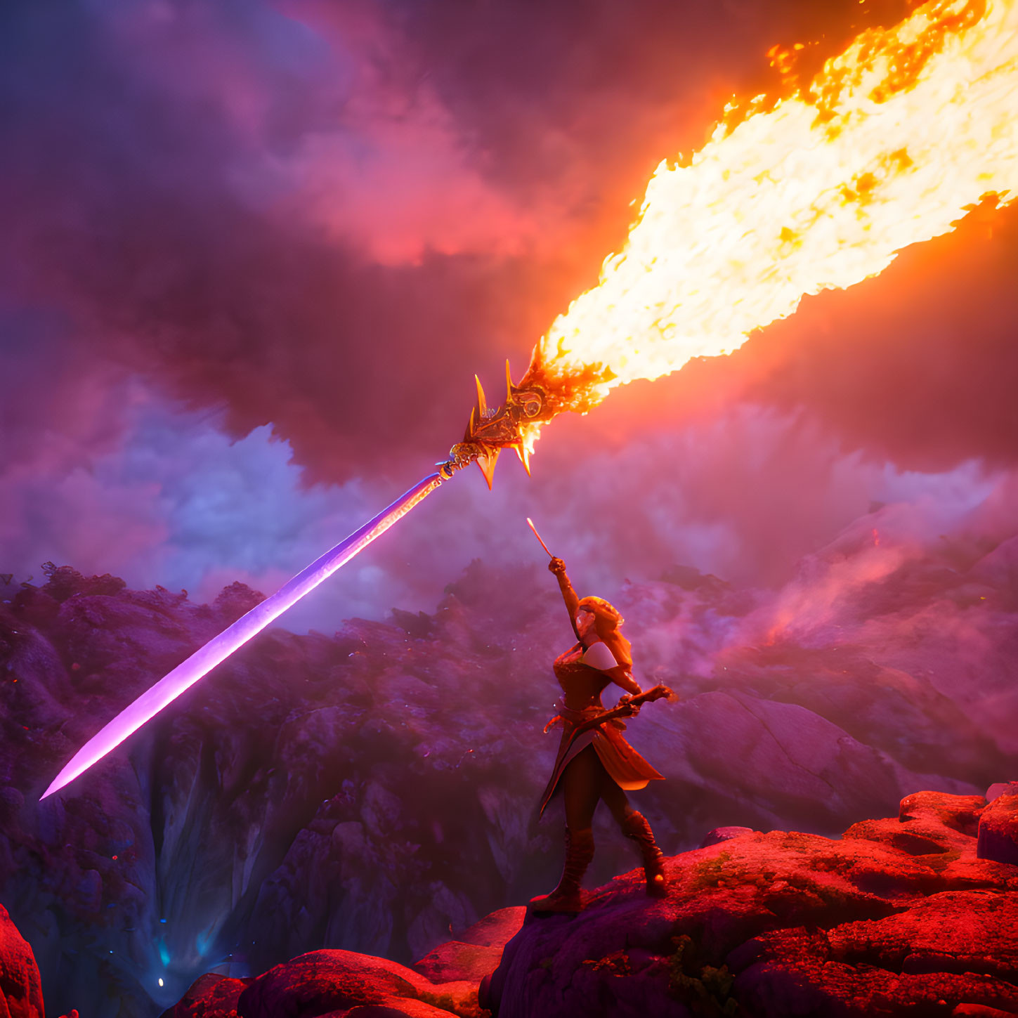 Warrior woman with fiery sword on rocky terrain under red sky