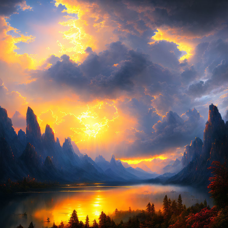 Colorful sunset over serene lake with mountain silhouettes and fiery sky reflected in water.