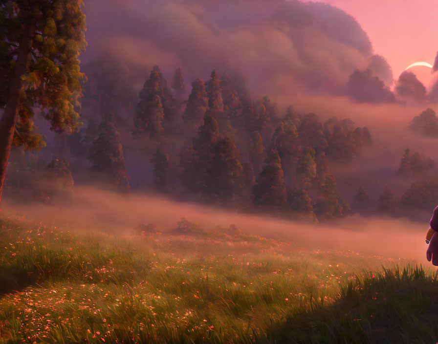 Tranquil sunrise landscape with misty forest and wildflowers