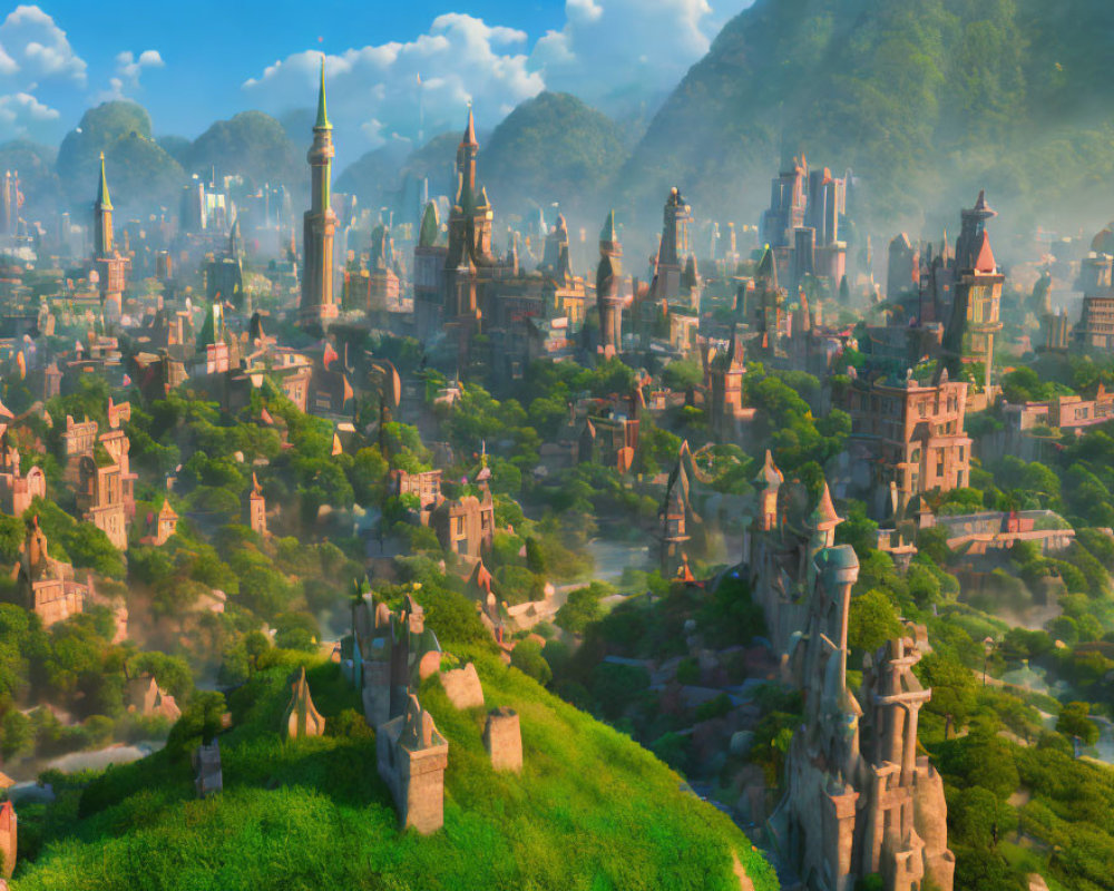 Fantasy cityscape with towering spires and lush greenery
