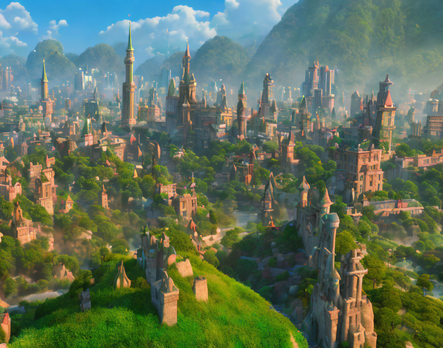 Fantasy cityscape with towering spires and lush greenery