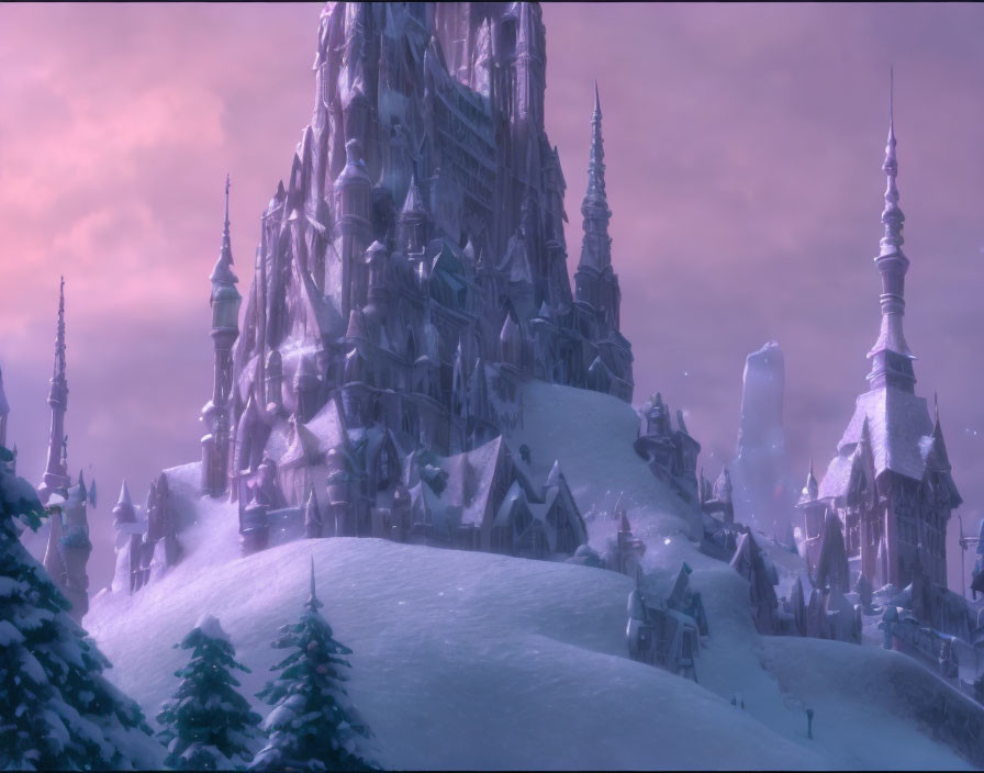 Snow-covered enchanted castle under twilight sky with spires and purple clouds